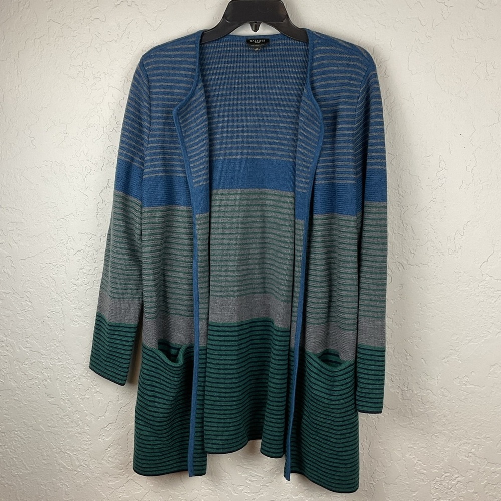 Women’s Talbots 100% Merino Wool Striped Longline Open Face Cardigan Petite Lg